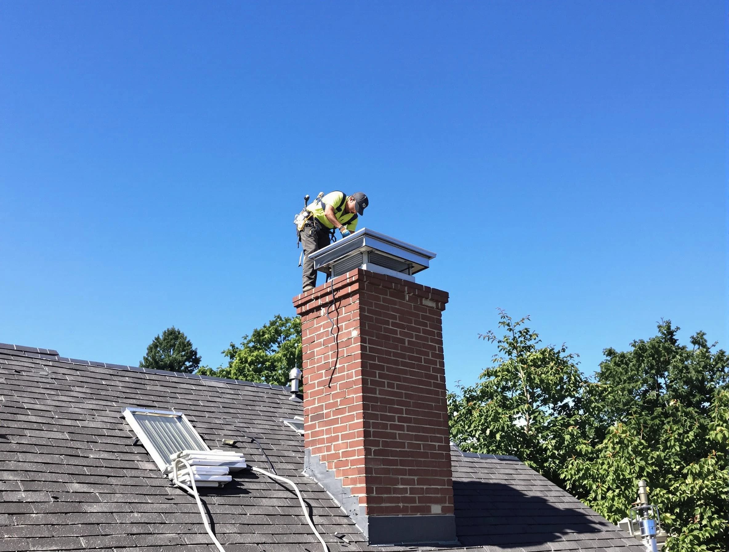 Dedham Chimney Sweep technician measuring a chimney cap in Dedham, MA