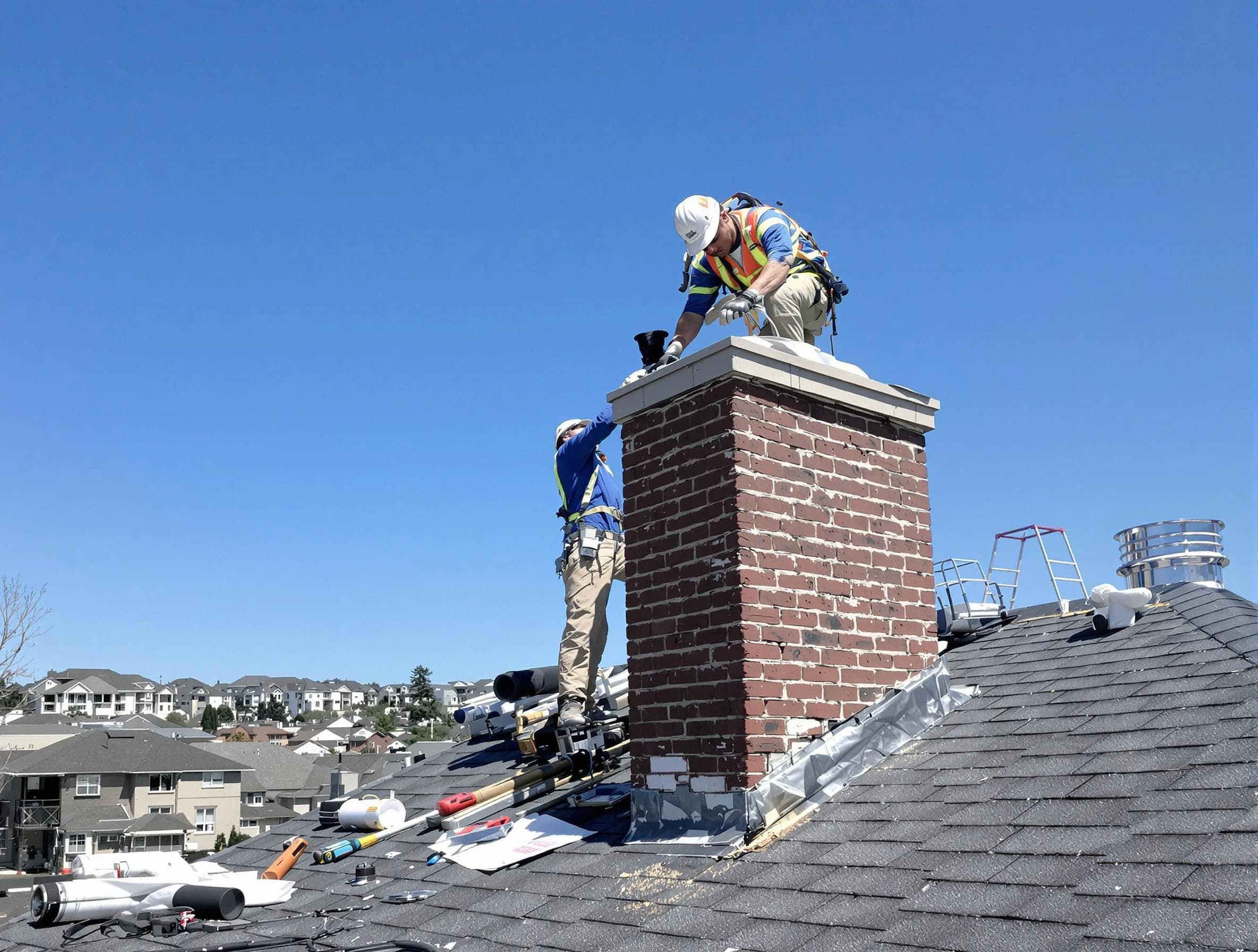 Dedham Chimney Sweep repairing a chimney crown in Dedham, MA