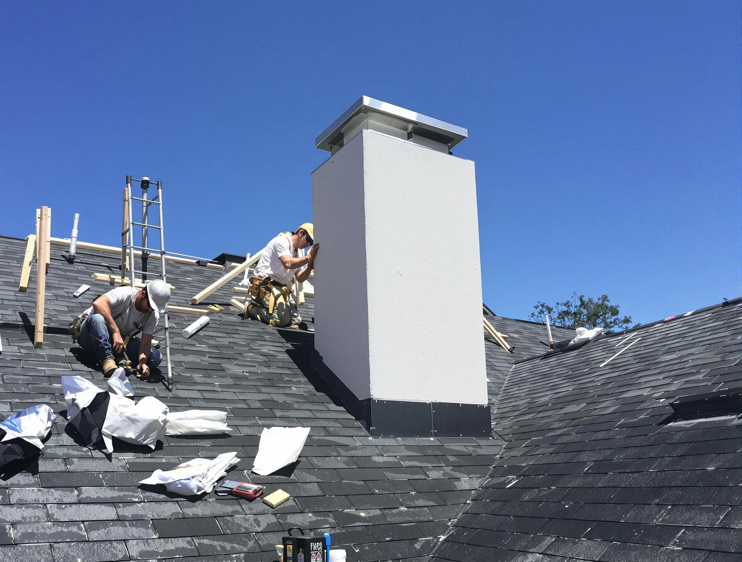 Dedham Chimney Sweep crew installing a new chimney in Dedham, MA