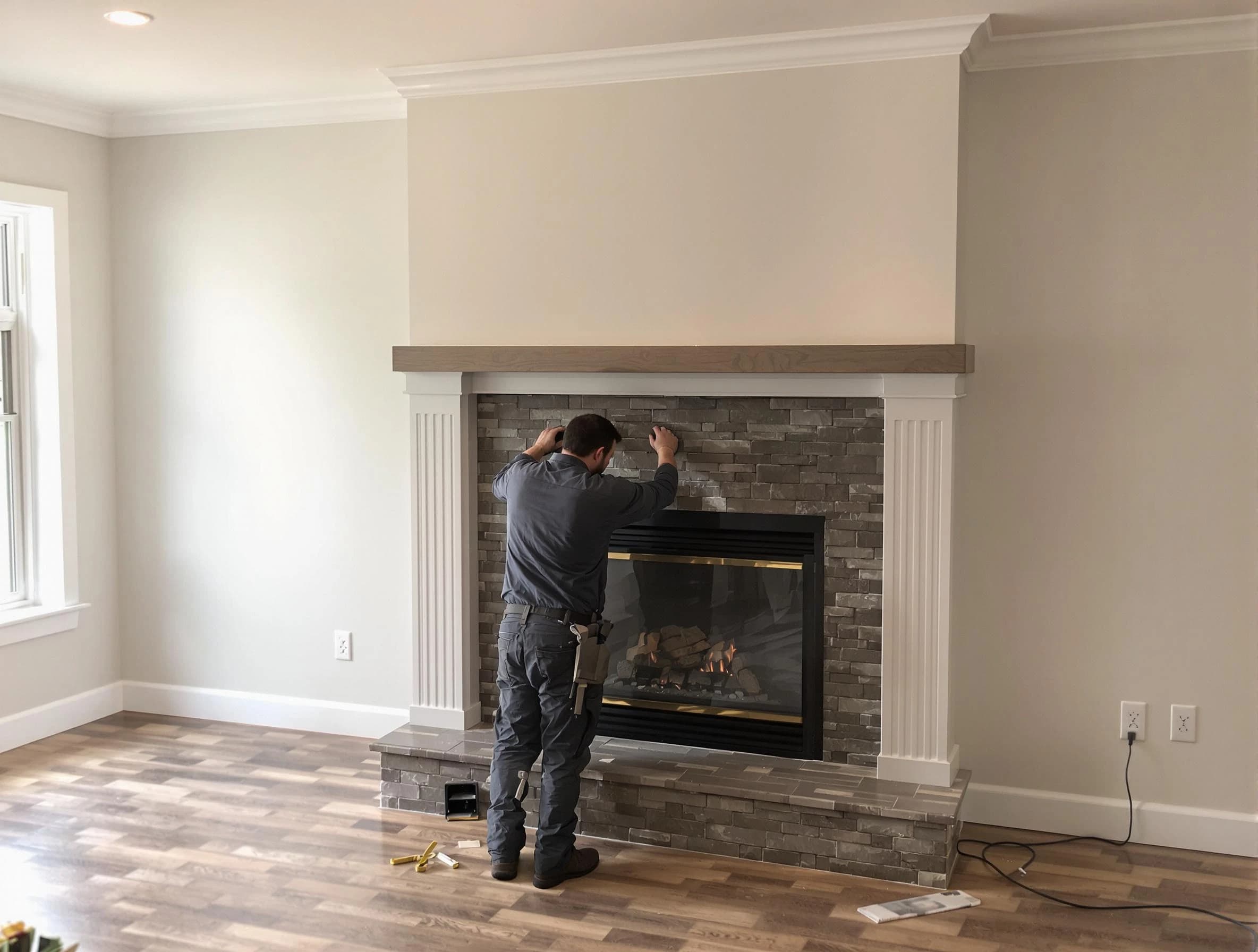 Dedham Chimney Sweep finishing a custom fireplace install in Dedham, MA