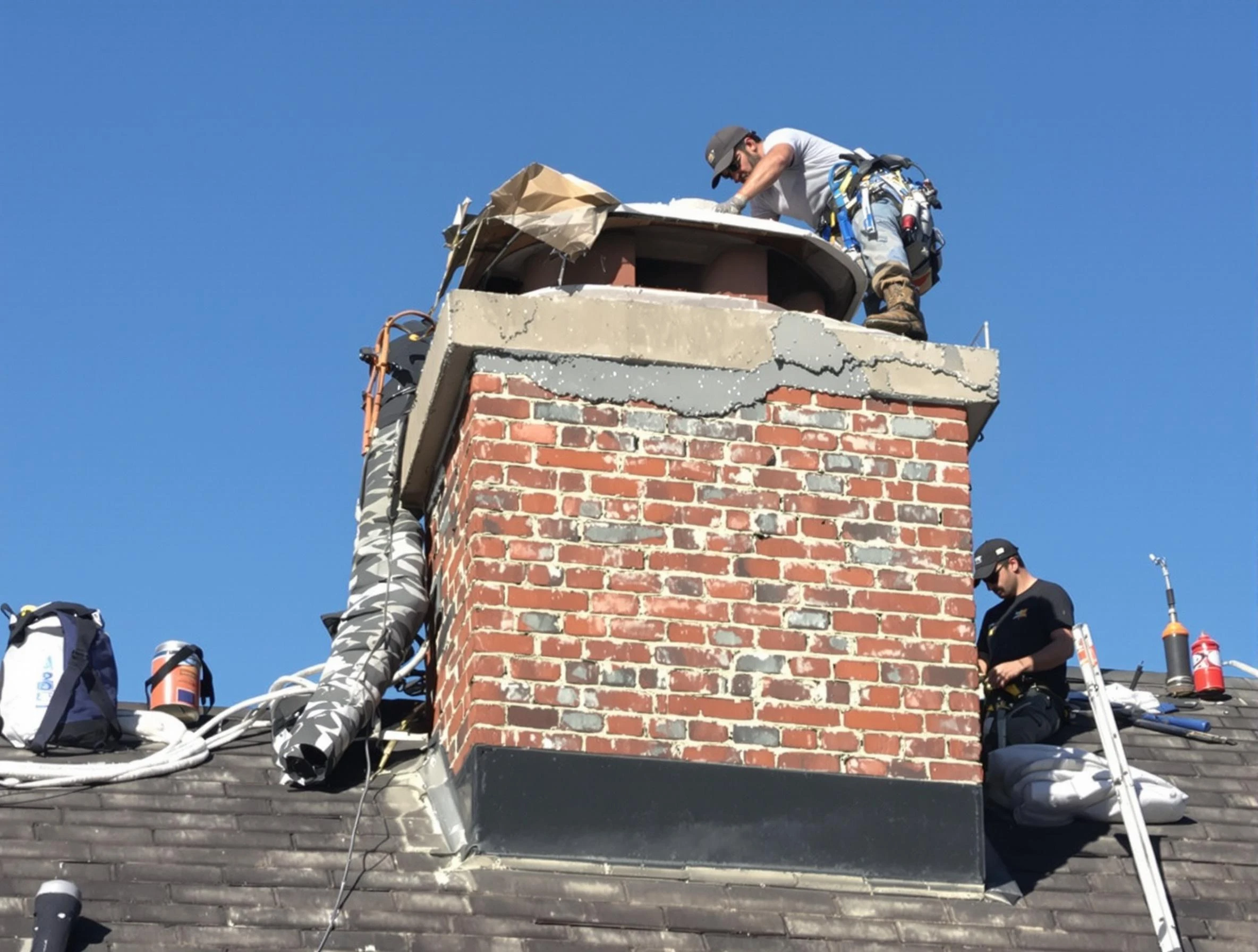 Dedham Chimney Sweep installing a custom chimney crown in Dedham, MA