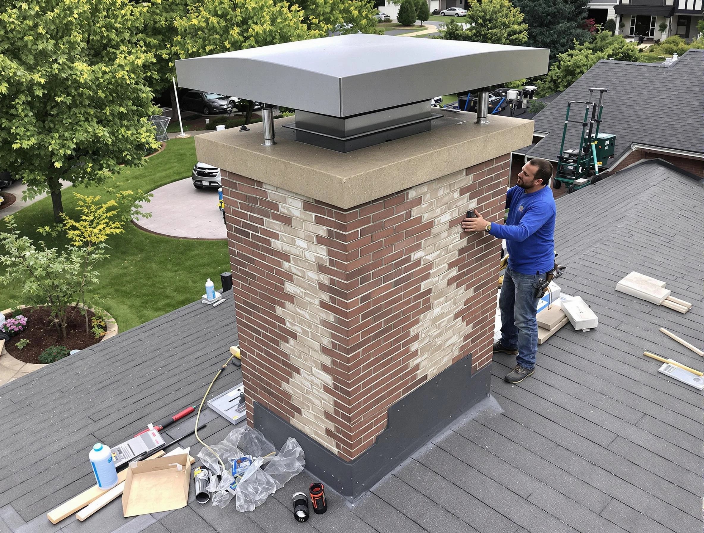 Dedham Chimney Sweep team working on a custom chimney remodel in Dedham, MA